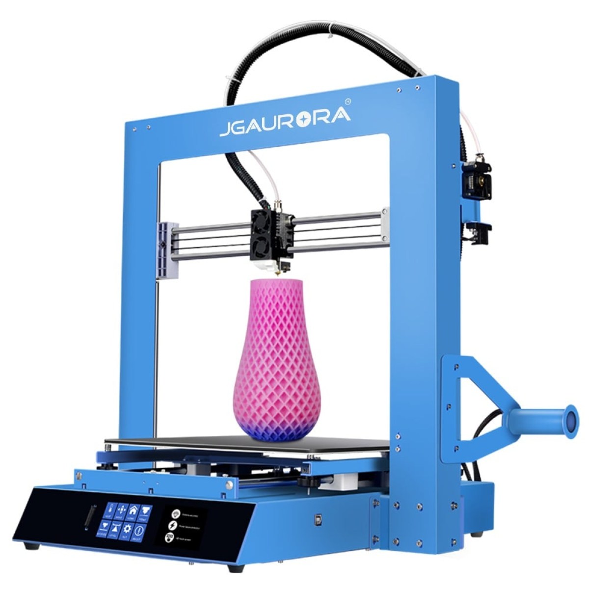 Stampante 3D Grande Formato JGAurora A1 300x300x300mm con piatto di stampa in vetro ceramica ad alta adesione e con sistema rapido di rimozione, sensori avanzati: per arresto induttivo, motori step silenziosi, estrusore e componenti per stampare ogni tipo di filamento fino a 250 gradi.