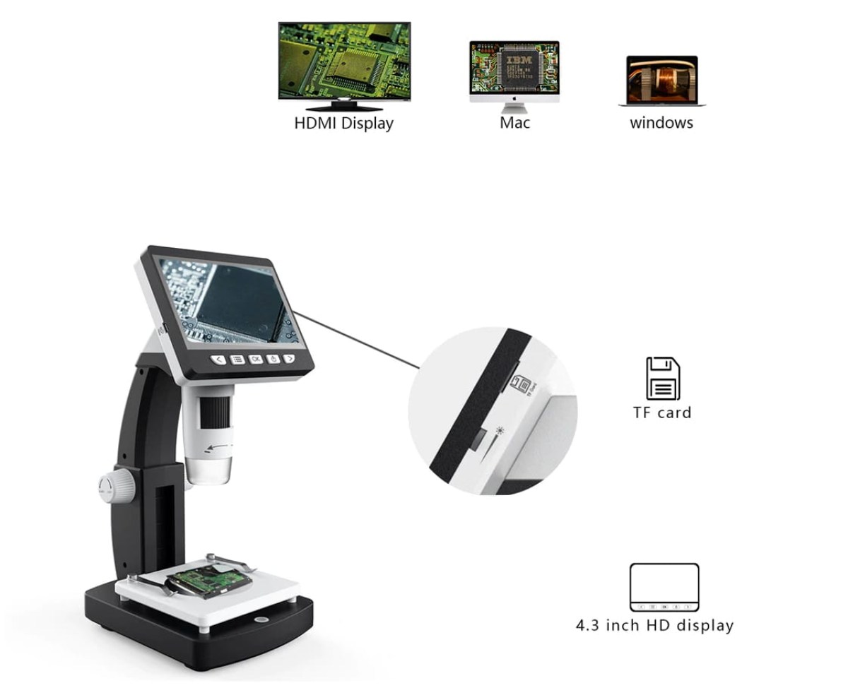 Microscopio Digitale con Schermo 1500X OTS Per Ragazzi Portatile con schermo LCD 4.3 16:9 massima risoluzione 2k 2048x1536 Pollici, funzionamento con batteria interna, camera 2k 2048P 30fps. Utile per riparazioni, per dimostrazioni, metalli, minerali e tanto altro.