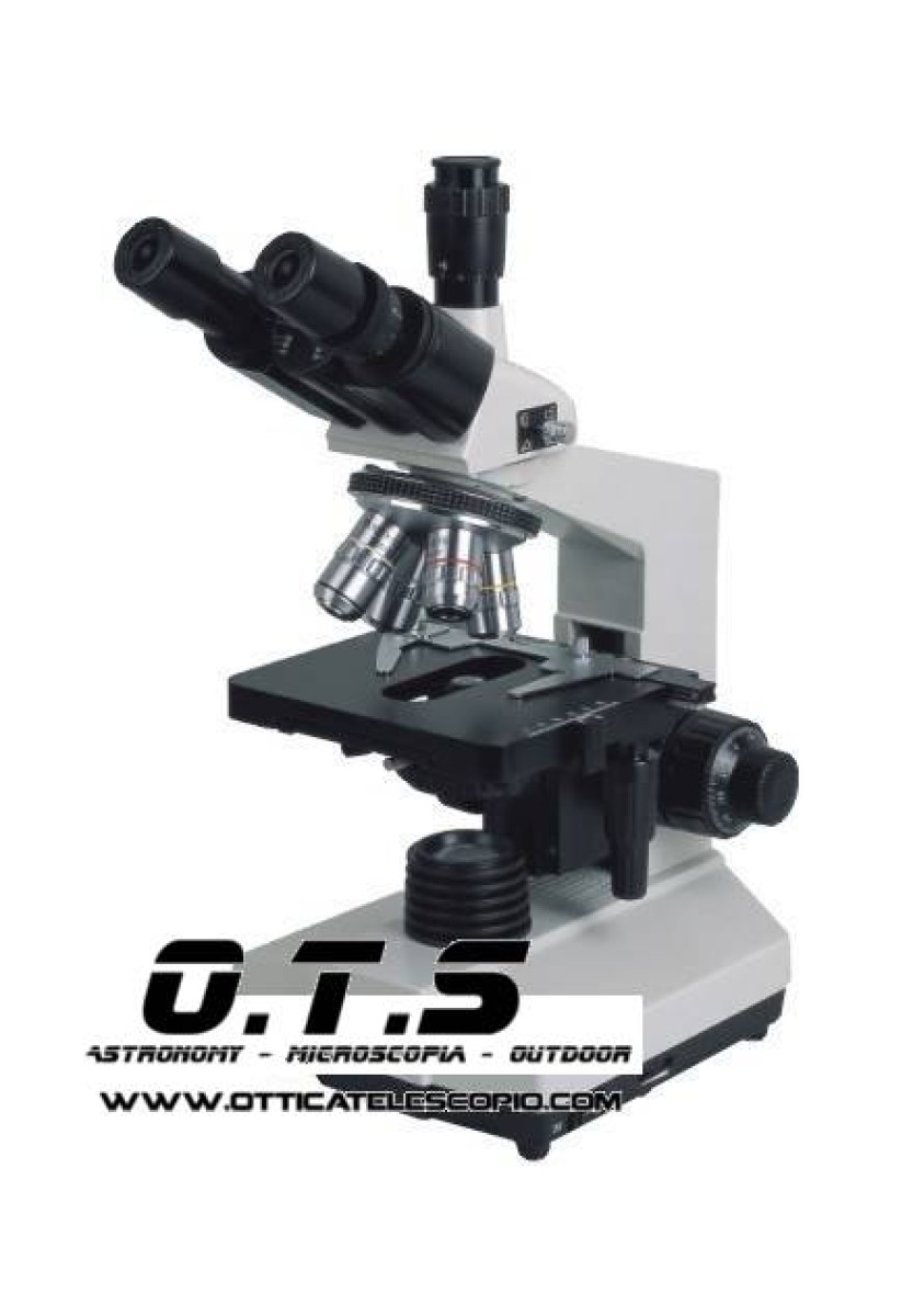 Microscopio trinoculare biologico 2000 ingrandimenti. Completo di accessori, vetrini e copertura per la protezione. Con luce incidente e trasmessa.