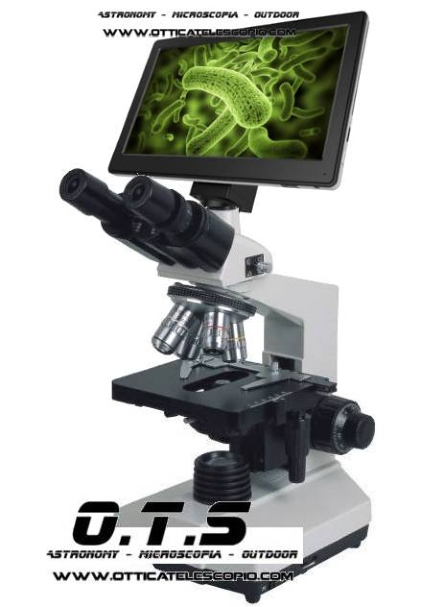 Microscopio Digitale Elettronico da 2000X OTS Labs Pro. Completo di accessori, vetrini e monitor lcd da 9 pollici e camera inclusa. Con luce incidente e trasmessa.