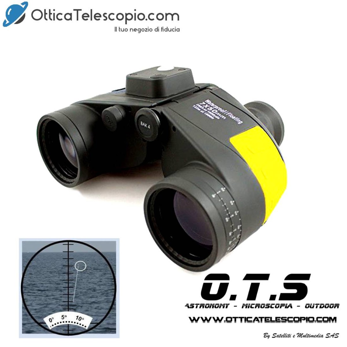 Binocolo da marina 7X50 con bussola integrata per aiutarsi ad orientarsi. Può essere consultata guardando direttamente attraverso il binocolo. Consigliato per uso nautico.