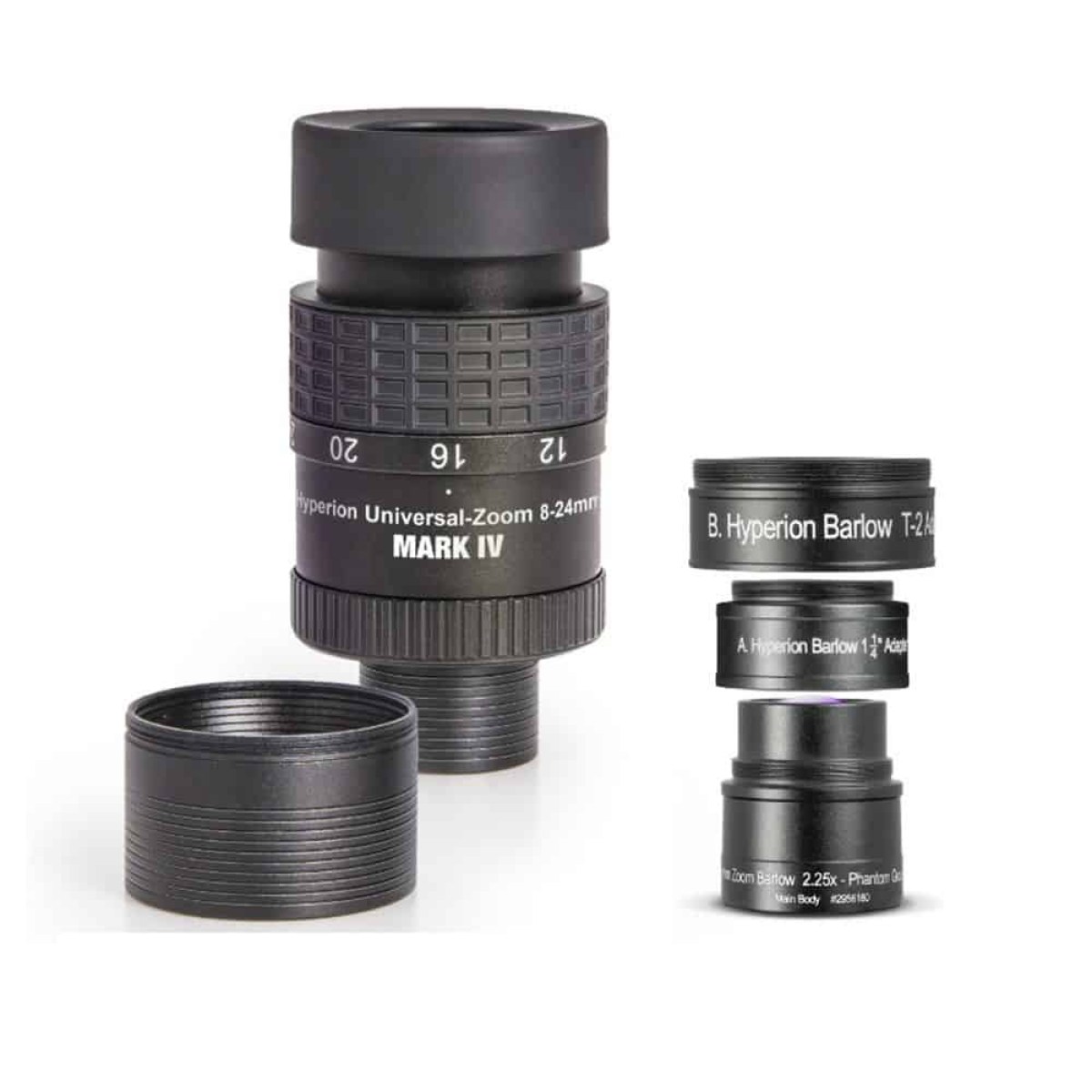 Baader Oculare Zoom Hyperion MARK IV 8-24mm (31.8/50.8mm) con trattamento ottico phantom, focali da 8mm a 24mm, incluso nel kit barlow 2.25x. Il miglior oculare zoom sul mercato.
