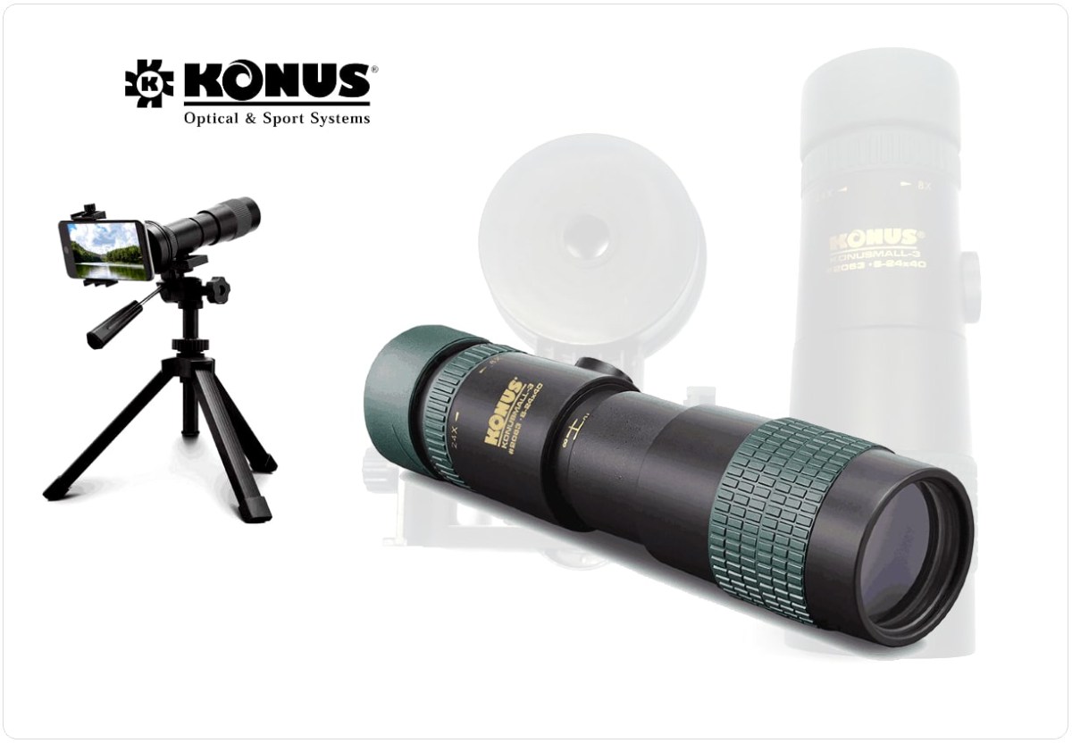 Monocolo zoom konus da 8 a 24 ingrandimenti con materiali di qualità e ottiche multitrattate antiriflesso. Doppia regolazione e messa a fuoco centrale. Include adattatore per lo smartphone per le vostre foto della natura e paesaggi, e anche per la luna.