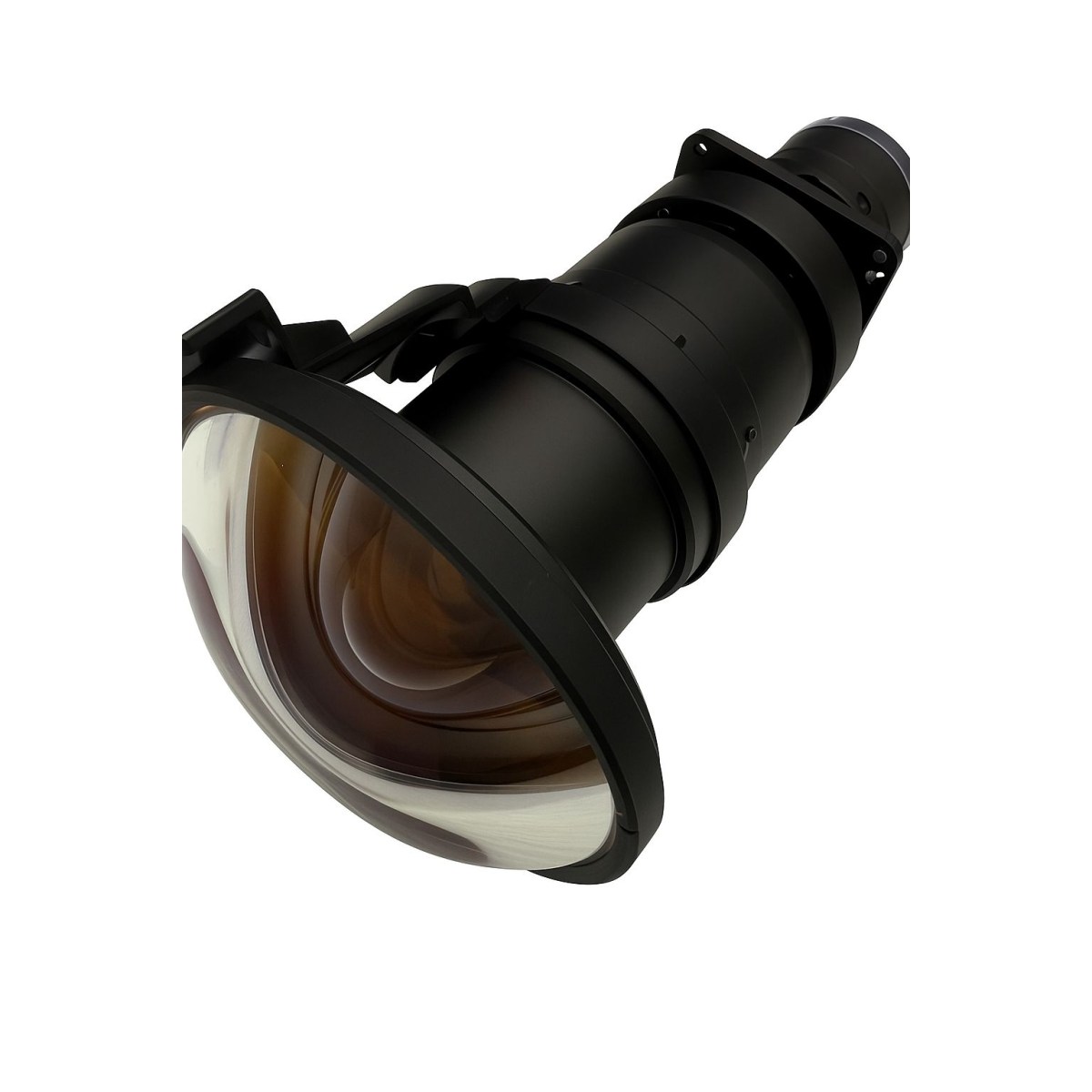 Ottica FishEye professionale per videoproiettori DLP/3LCD, ideale per planetari, cupole immersive e mapping 360°. Lente telecentrica F2.1 con campo visivo fino a 184° e messa a fuoco manuale.