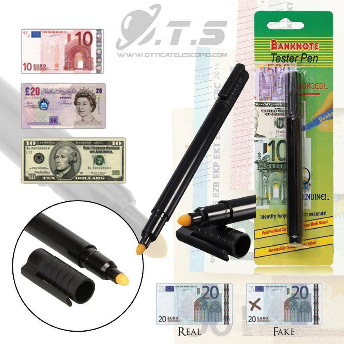 Penna Tester per controllare e rilevare banconote false, lascia un segno visibile su i soldi falsi. Problemi con i soldi Falsi? Con questa penna risolvi ogni problema.