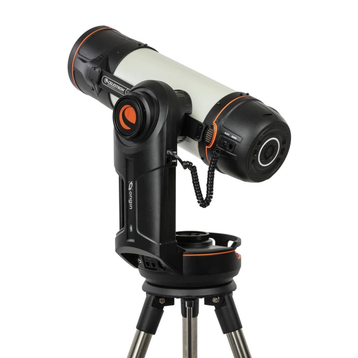 Telescopio Smart Celestron Origin Mark II con ottica Rasa, batteria per utilizzo anche dove non c'è la corrente, computer di bordo incluso con software celestron origin, connessione wifi, connessione lan, porte ausiliari e porte usb. Controllo remoto del telescopio con Smartphone e Tablet con IOS e Android OS.